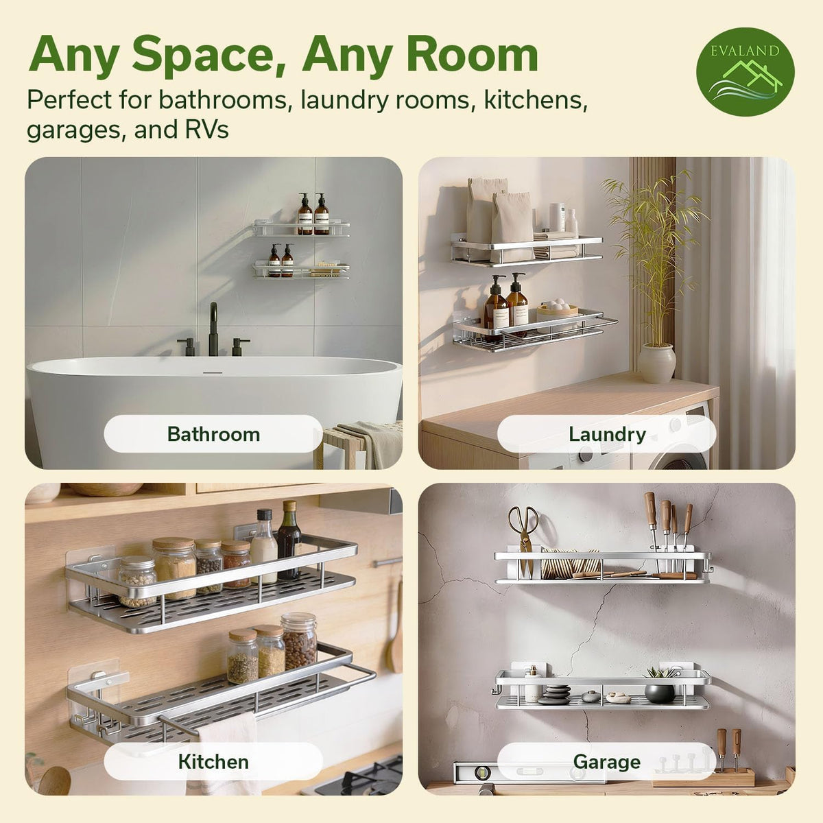 EVALAND Self Adhesive Shower Caddy Organizer 2-Pack No-Drill Storage