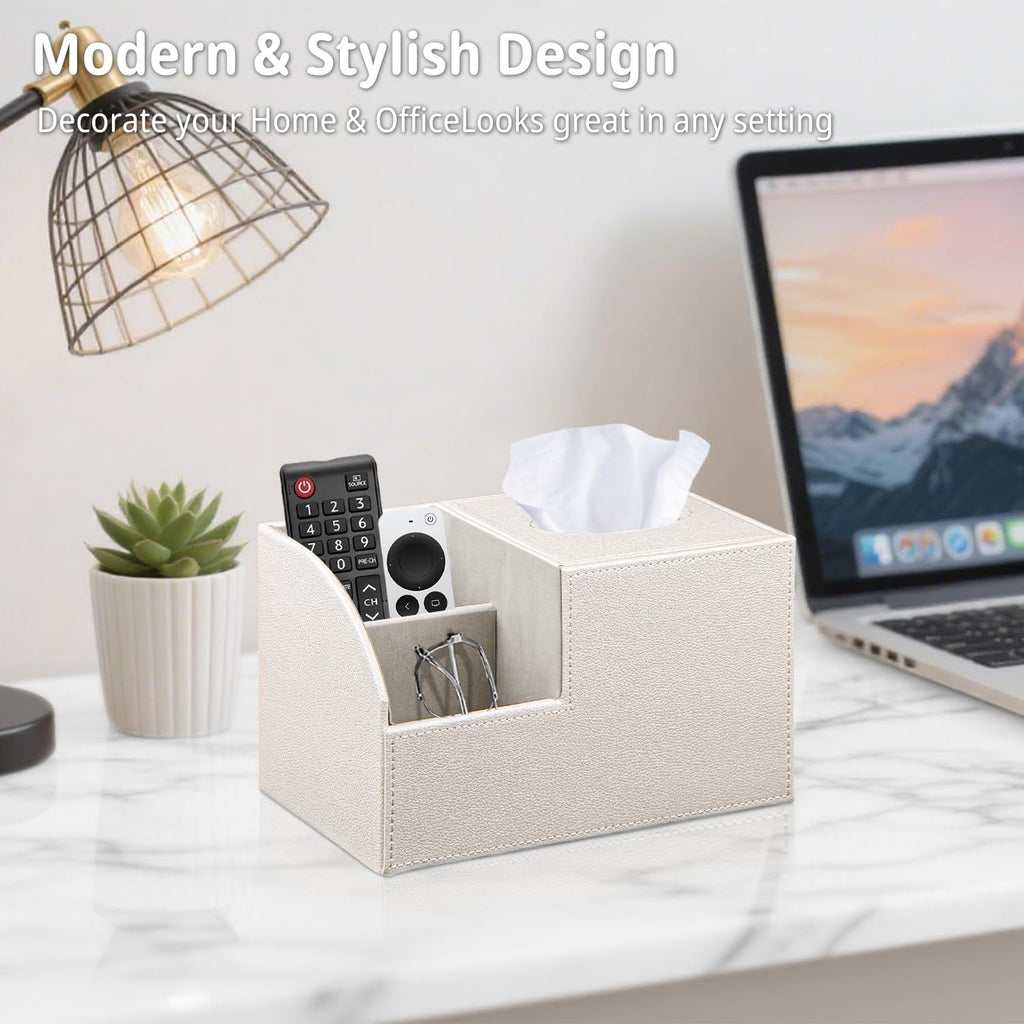 Square Tissue Box Cover with Storage, PU Leather Facial Cube Tissue Holder.TV Remote Control Holder, Desk Accessories Nightstand Organizer, Modern Table Caddy for Bathroom, Bedroom, Home, Office Decor