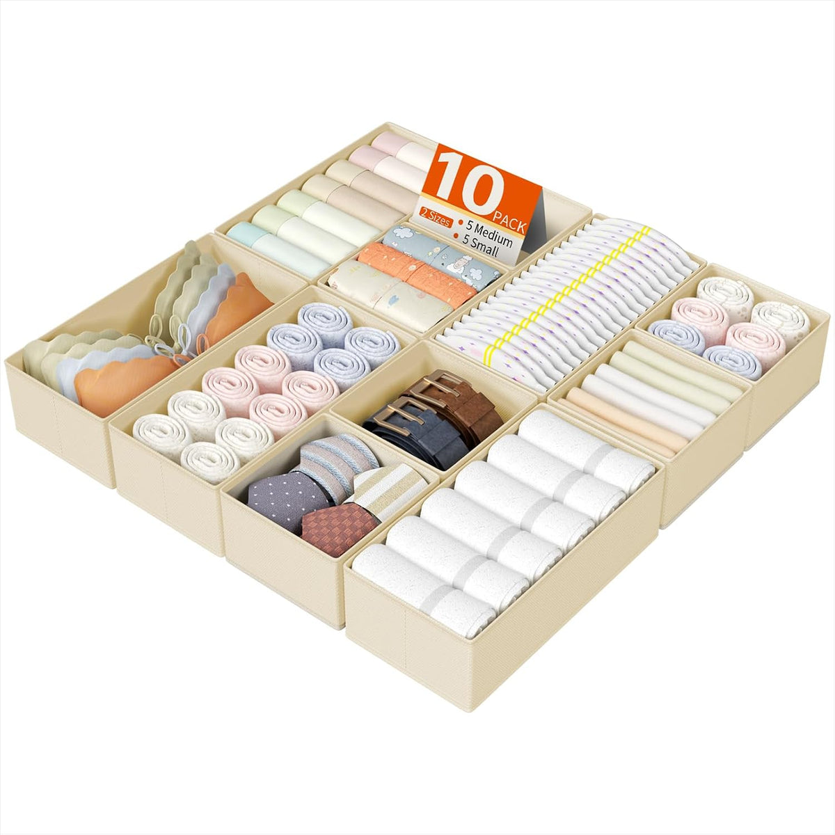 DIMJ Drawer Organizers Clothes, Set of 10 Dresser Organizer Bins, Fabric Closet Organizers and Storage, Shallow Drawer Dividers for Nursery, Clothing, Baby Clothes, Socks, Underwears, Tie (Beige)