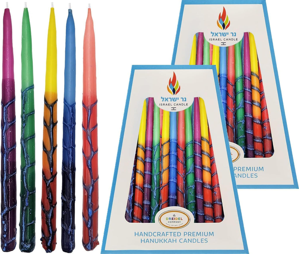 The Dreidel Company 2-Pack Dripless Hanukkah Candles, Multicolored Ombre Striped Deluxe Tapered Decorations, 1 Hour Burn Time, Chanukkah 45 Menorah Candles Box for All 8 Nights of Chanukah