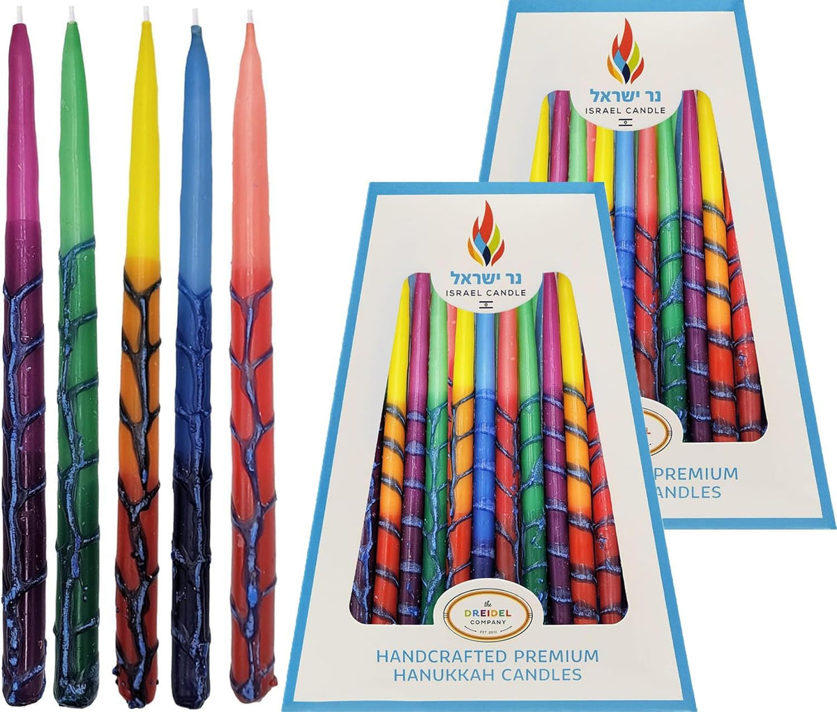 The Dreidel Company 2-Pack Dripless Hanukkah Candles, Multicolored Ombre Striped Deluxe Tapered Decorations, 1 Hour Burn Time, Chanukkah 45 Menorah Candles Box for All 8 Nights of Chanukah