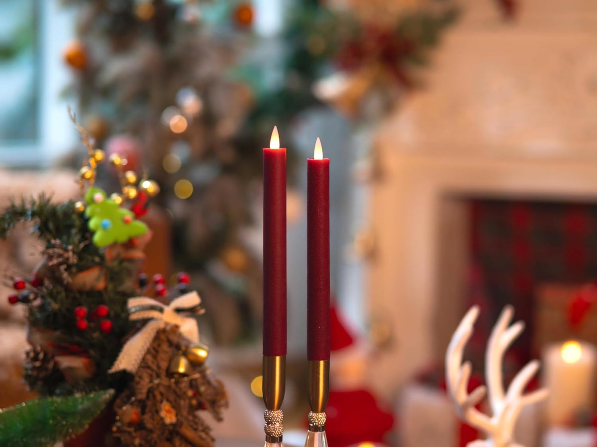 Burgundy Flameless Taper Candles with Remote & Timer -Leather-Textured Real Wax, 3D Moving Flicker, 400Hr Battery Operated Window Candles (Remote Uses 2 AAA Batteries, Not Included)