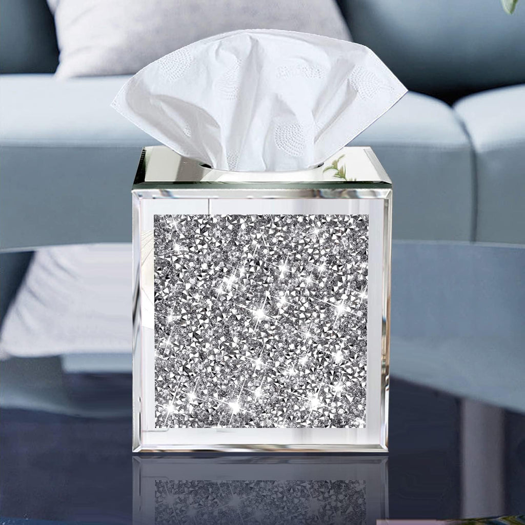 Wocred Square Mirrored Tissue Box Cover,Crystal Crushed Diamond Tissue Box,Silver Luxury Tissue Holders for Either Tissues in a Bathroom or Napkins on a Table.(5.5”x5.5”x5.5”)