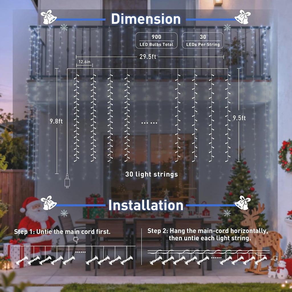 JMEXSUSS 900LED Curtain Lights, White Christmas Lights, 9.5x29.5ft