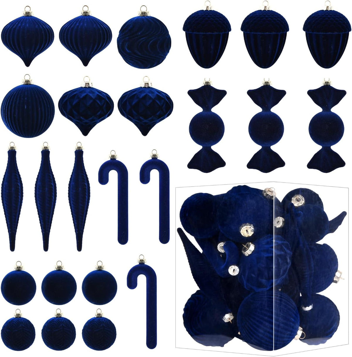 Velvet Ornaments for Christmas Tree Decorations - Navy Blue Flocked Christmas Ornament Set for Winter Holiday Decor - Shatterproof Xmas Balls Ornaments Bulk - Pack of 24