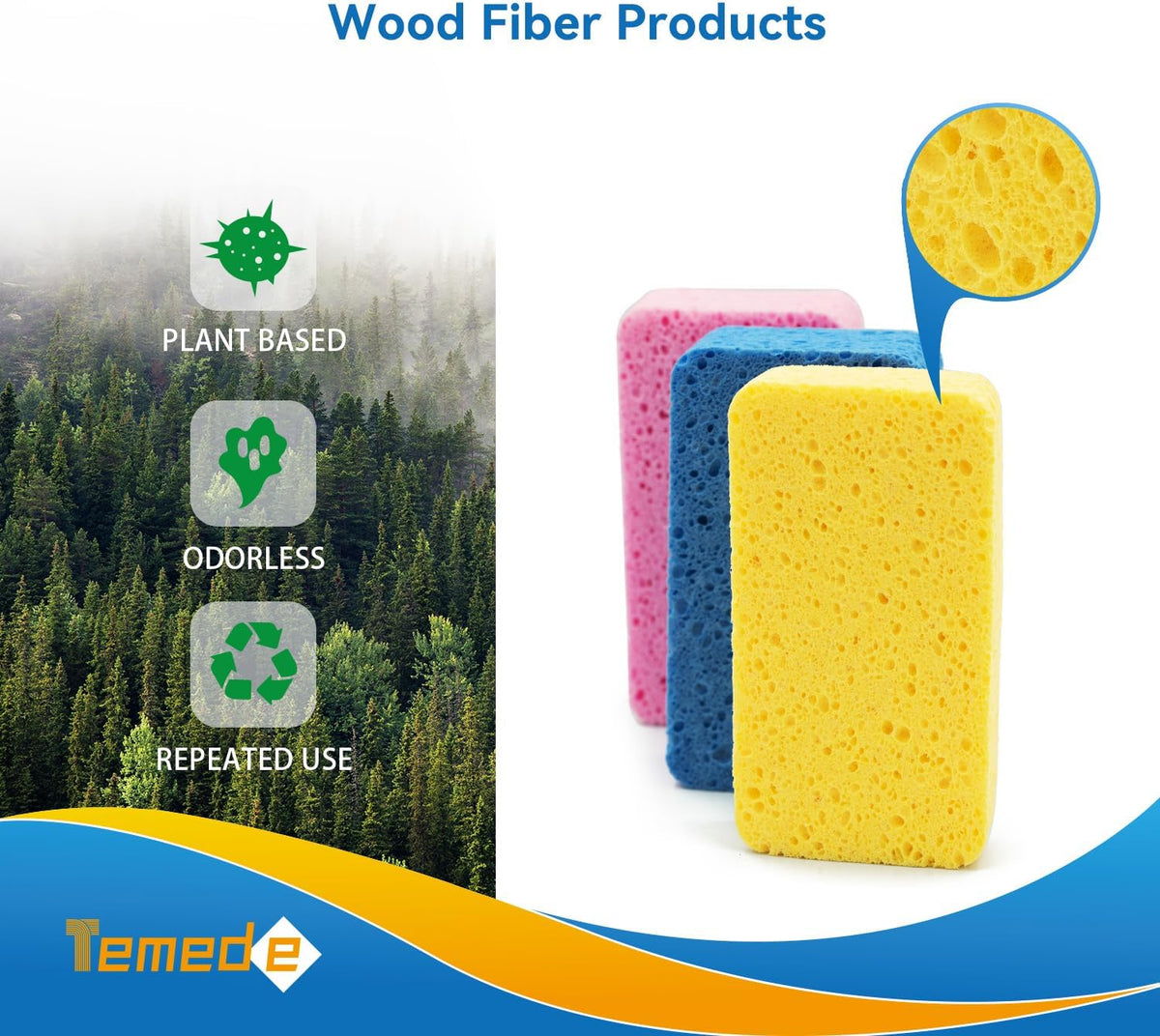 Temede Large Cellulose Sponges, Thick Absorbent Kitchen Sponges, 5-Pack