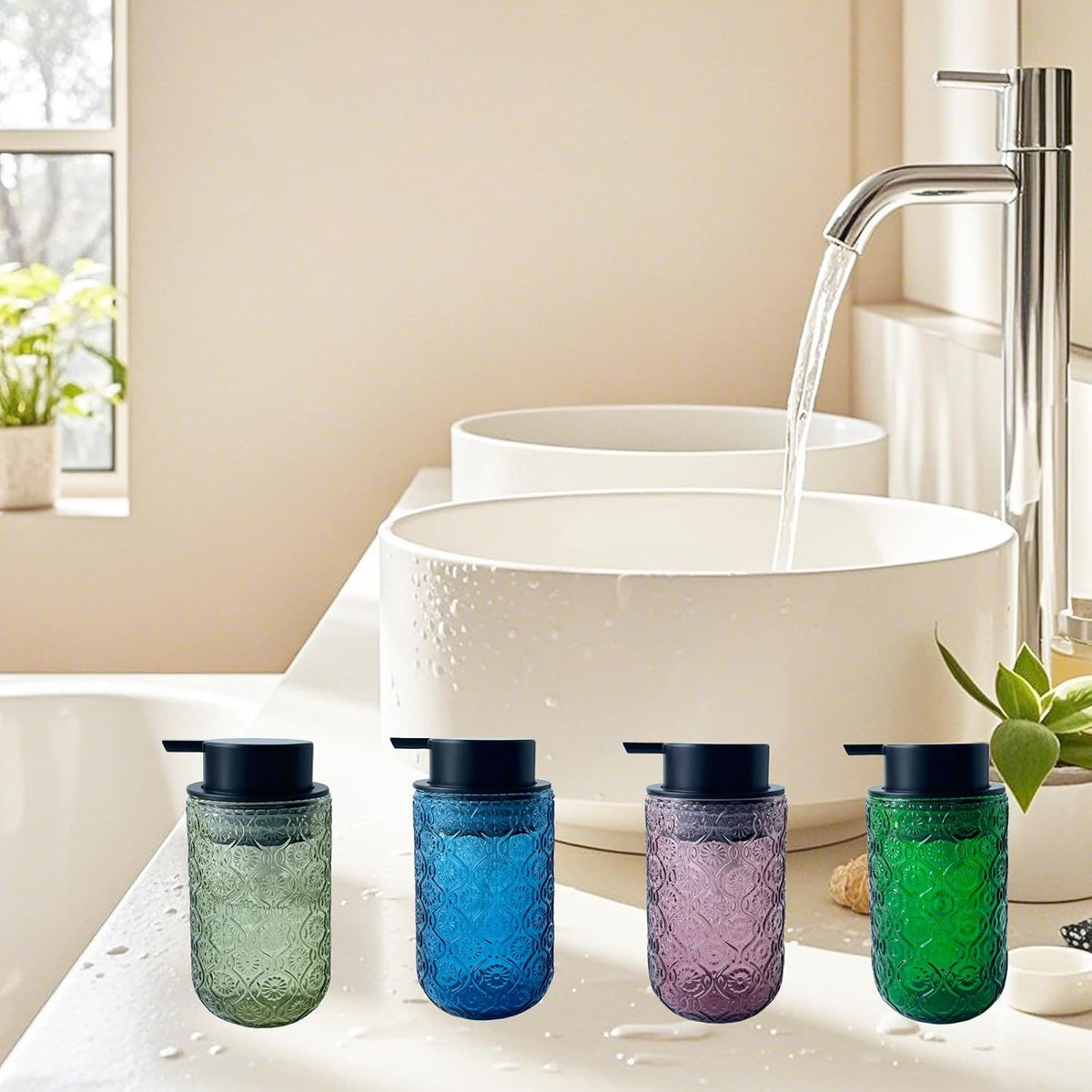 Foaming Hand Soap Dispenser,Vintage Glass Soap and Lotion Dispenser for Bathroom,Kitchen Dish Soap Dispenser with Black Foam Pump (Blue Begonia Flower+Black Lid)