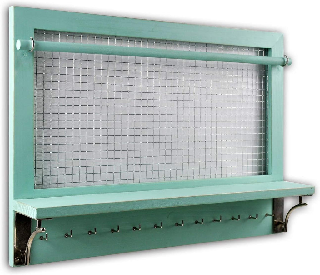 Jewelry Organizer, Wall Mount Jewelry Holder Rack with Hooks Shelf and Removable Rod Hanging Display Earrings Necklaces Bracelets Rings Storage Accessories Wood in Shabby Chic Turquoise