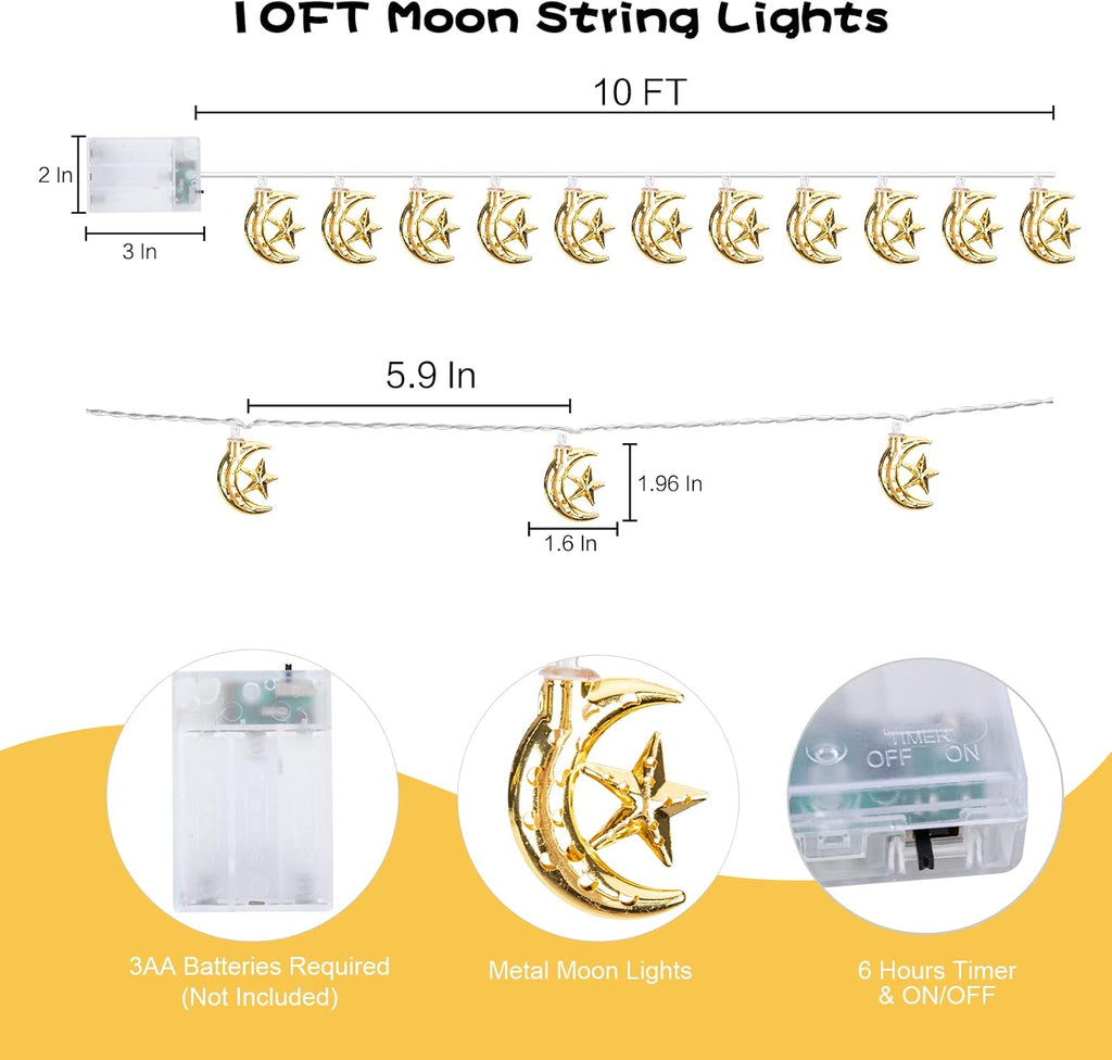 Vigdur Moon String Lights, 10FT Moon Lights Battery Operated with Timer