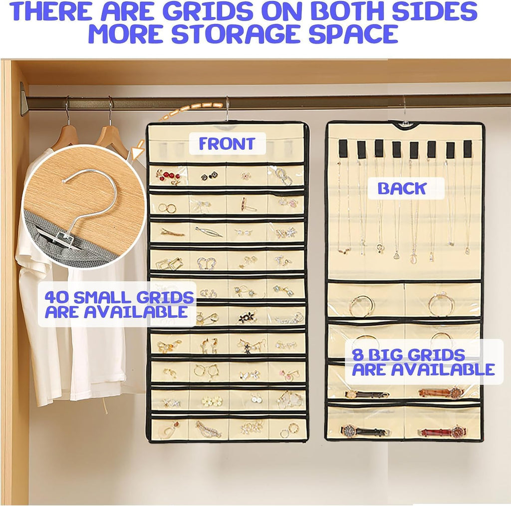 Hanging Jewelry Organizer: Necklace & Earring Holder with Pockets for Closet, Wall or Door (Grey)