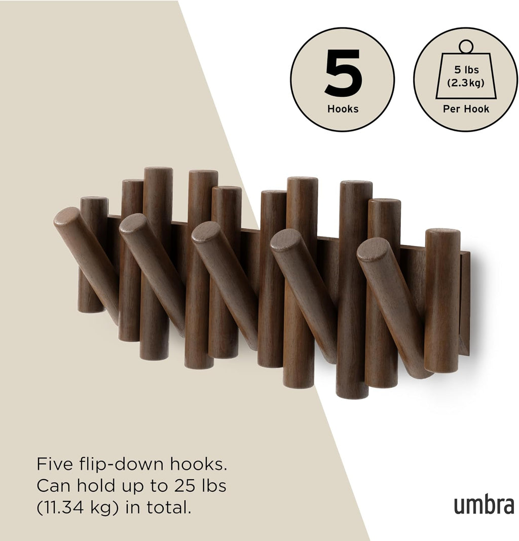 Umbra Picket Coat Rack, Wall Mount 5 Flip-Down Coat Hooks, Walnut