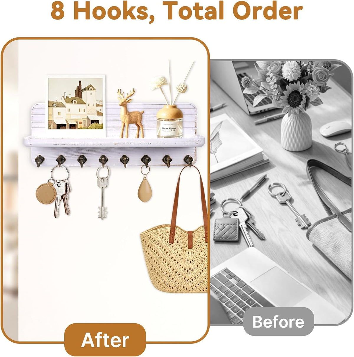 Key Holder for Wall, Mail Organizer Wall Mount with 8 Hooks Wooden Hanging Key Rack for Home Decor, Hallway, Entryway (Vintage White)