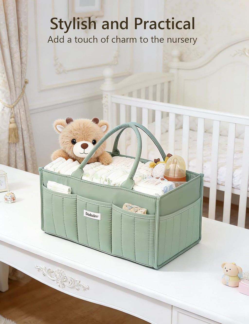 Quilted Diaper Caddy Organizer, Nursery Storage Basket with Dividers
