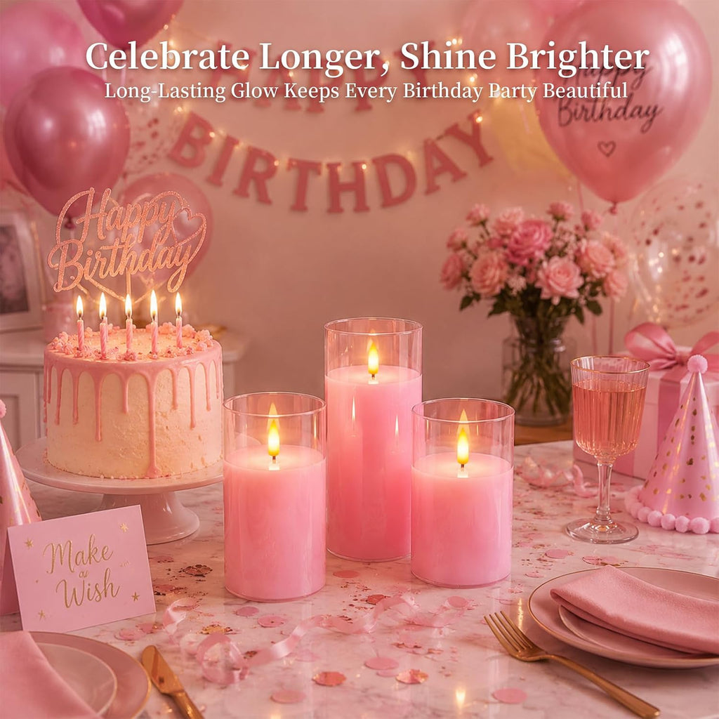 Amagic Pink Glass Flameless LED Candles Battery Operated with Remote Timer