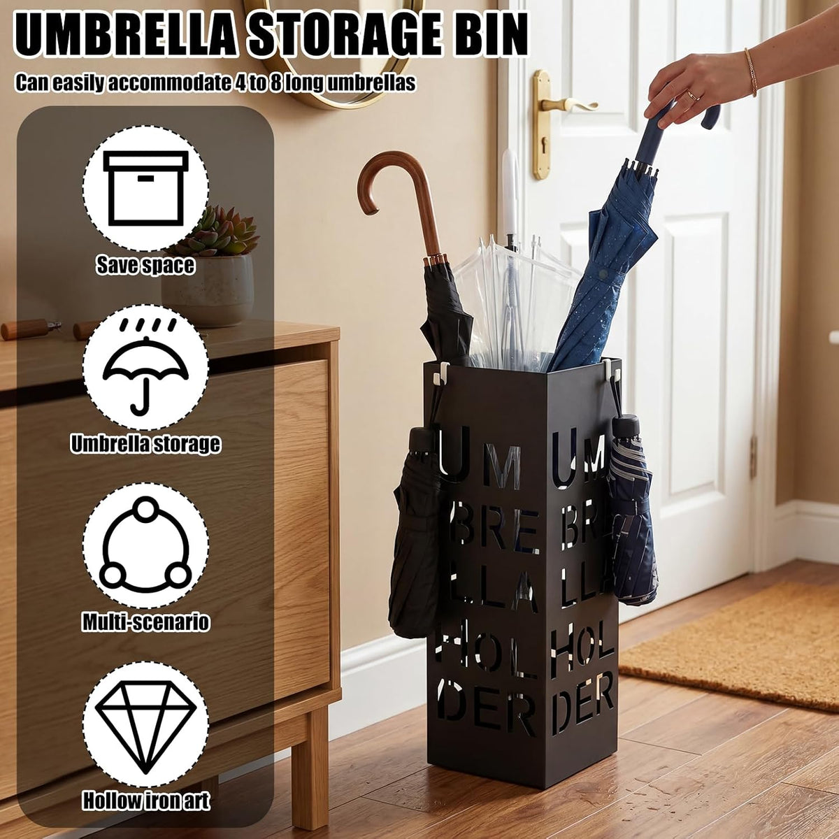 Square Metal Umbrella Holder, Square Free Standing Umbrella Rack Decorative Umbrella Holder Hollow Cutout Pattern Design for Umbrella Cane Entryway Home Office 19.49" X 6.1" X 6.1"(Black hollowed out)