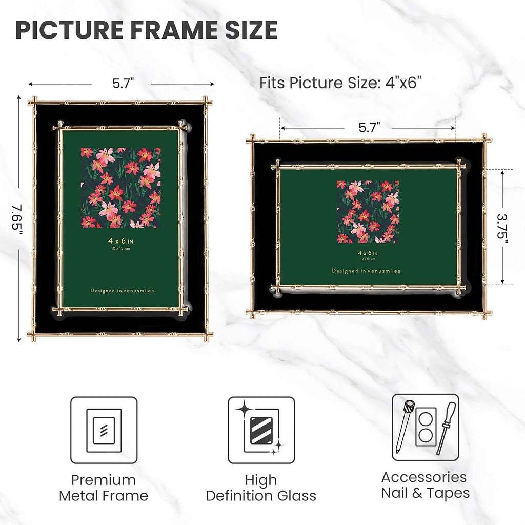 4x6 Picture Frame Black Enamel, Gold Bamboo Design Edge, Tabletop, 1pc