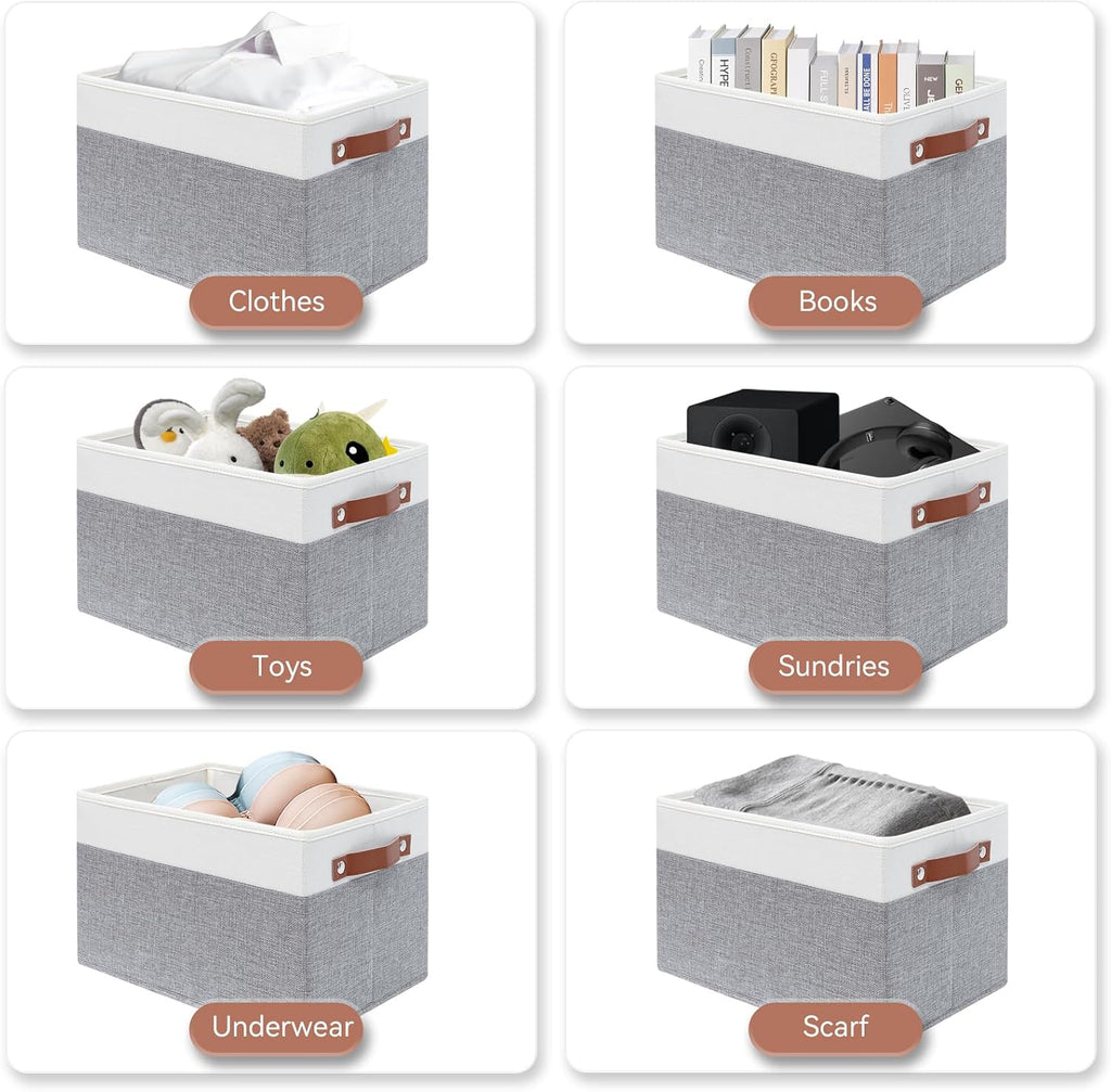 SNWDN 4 Pack Collapsible Fabric Storage Baskets with Handles (White/Grey 15''Lx10.2''Wx9''H)