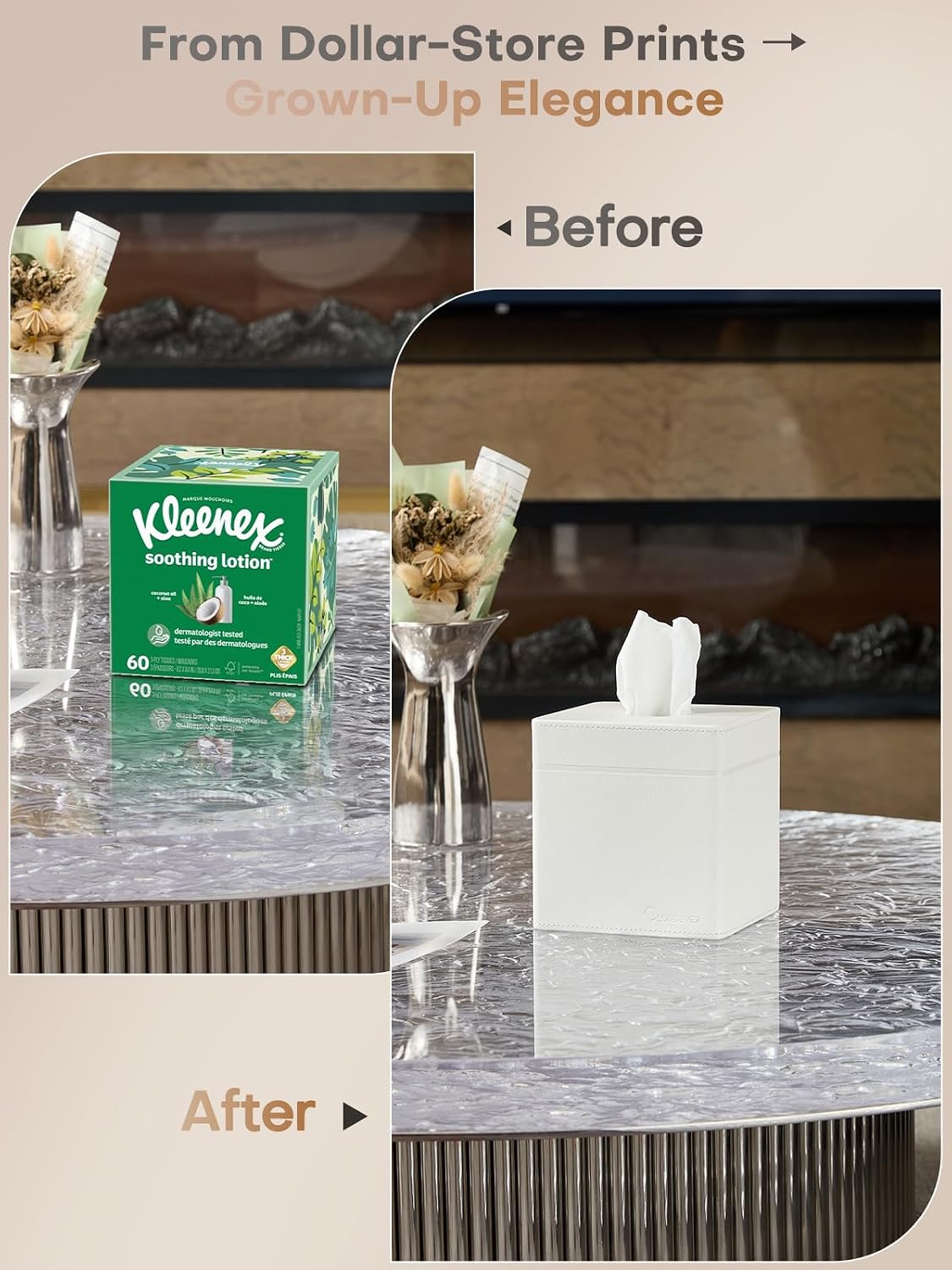 Square Tissue Box Cover Holder Compatible with Kleenex/Puffs Cubes, Patented Metal-Look PU Leather (Polar Ice)