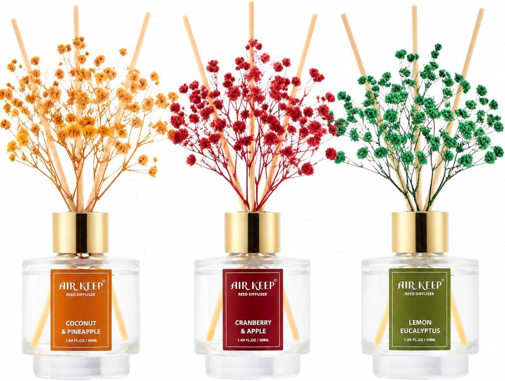 Airkeep Reed Diffuser Set of 3, Coconut Pineapple Lemon Eucalyptus Cranberry Apple Oil Reed Diffusers for Bedroom Living Room Office Aromatherapy Oil Reed Diffuser for Gift 50ml x 3