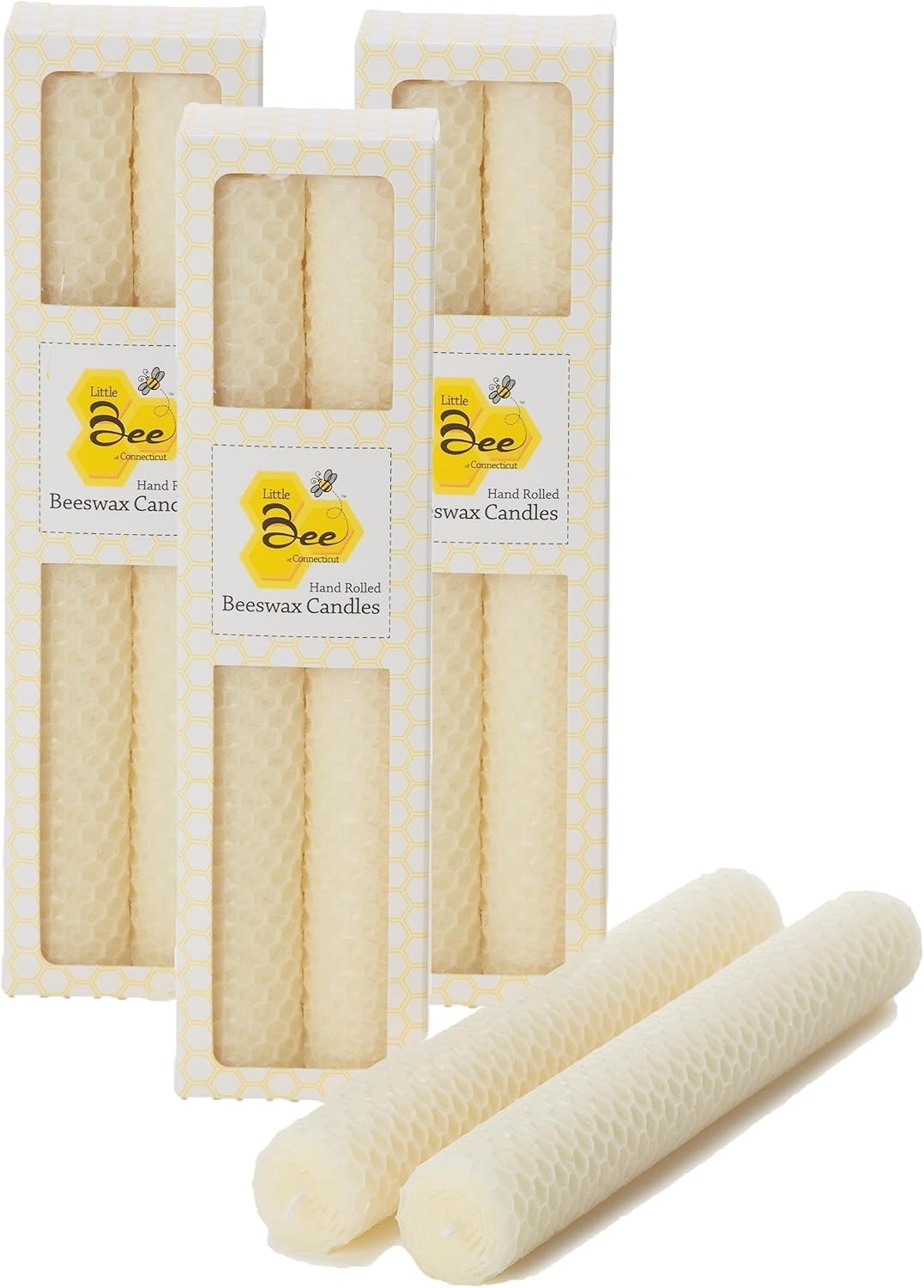 8 Inch Hand-Rolled Beeswax Taper Candles - Little Bee of CT (Three Pairs)