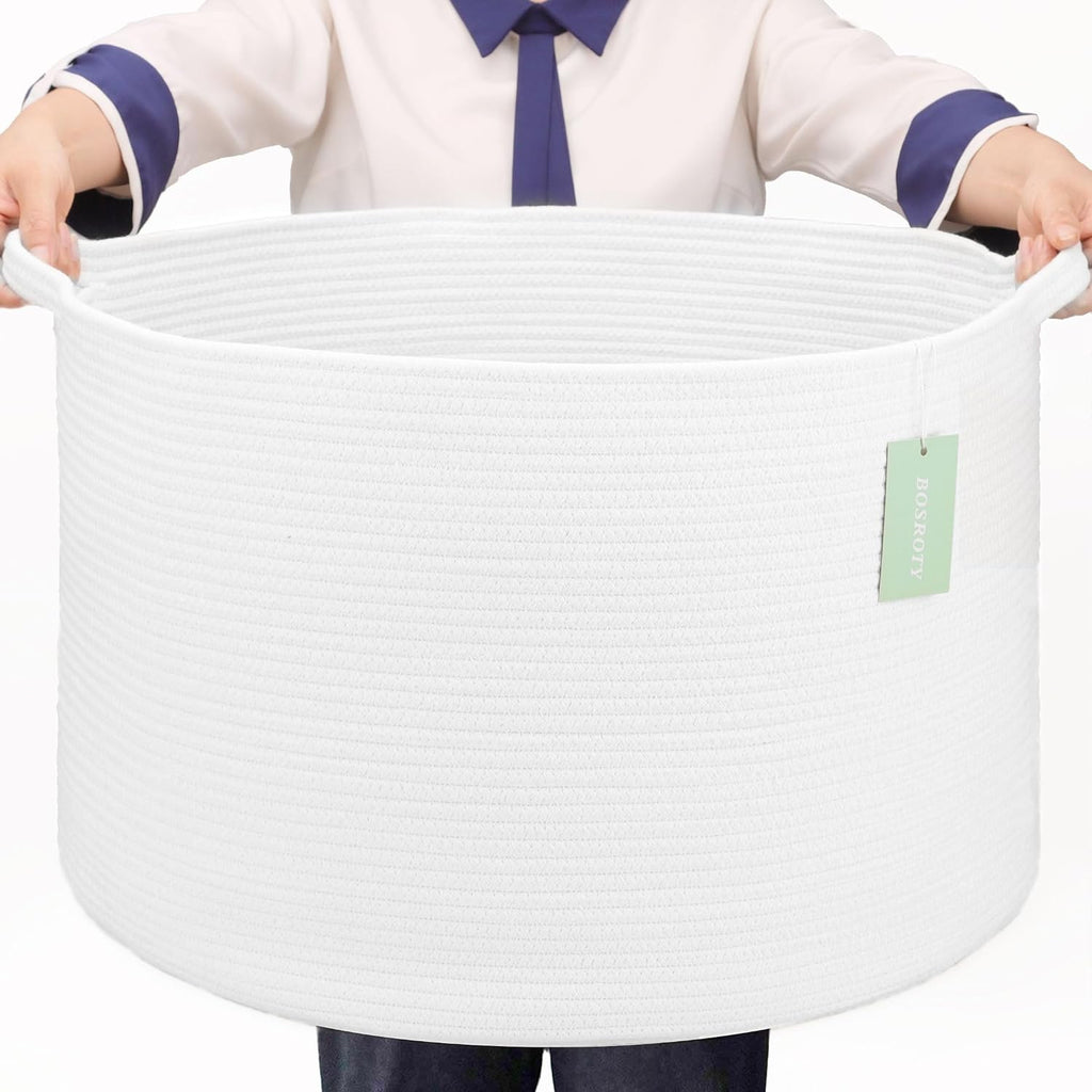 Large Cotton Rope Blanket Basket, 87L Laundry Hamper, White