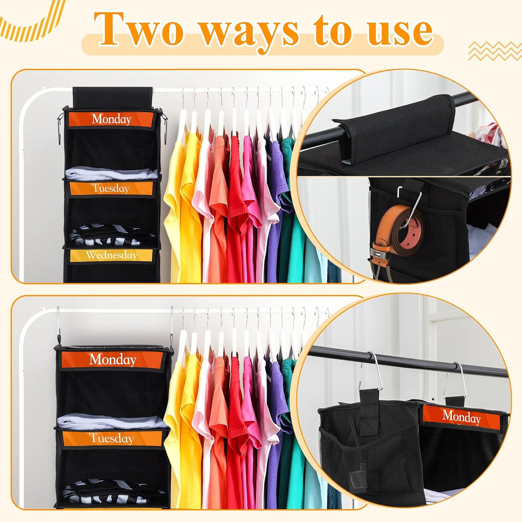 Amylove 2 Pcs 6 Shelf Hanging Weekly Clothes Organizer for Kid,Black,White