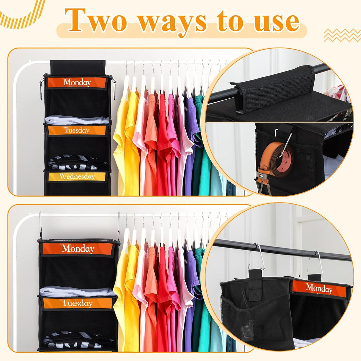 Amylove 2 Pcs 6 Shelf Hanging Weekly Clothes Organizer for Kid,Black,White