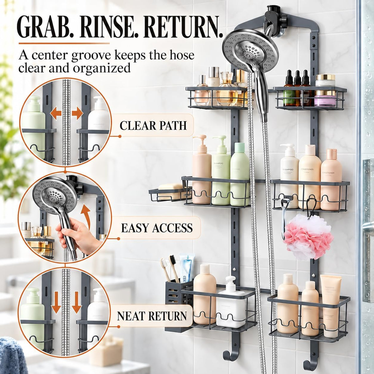 Extra Large Shower Caddy Hanging, Rust-Resistant Shower Organizer Hanging,3 Tier Height-Adjustable Over the Head Caddy,Rack with Soap Basket (Gray)