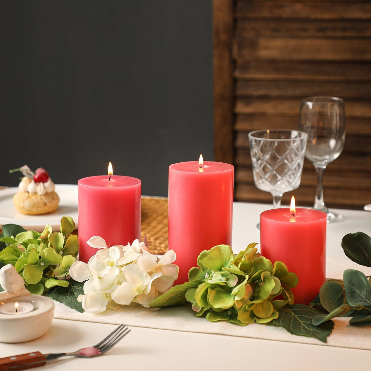 Pink Pillar Candles Set of 3 - Valentines Day Pink Candles Decorations, Hand-Poured Unscented Candle, Smokeless Decorative Candle for Home, Set of 3 in Different Sizes (4", 5", 6")