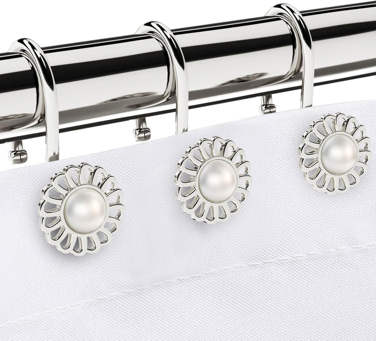 Nickel Shower Curtain Hooks Rings, Decorative Shower Curtain Hangers, Heavy Duty Metal Shower Rings, Sunflower Shower Hooks for Shower Curtain Rod and Liner, Bathroom Curtain Hooks, Set of 12
