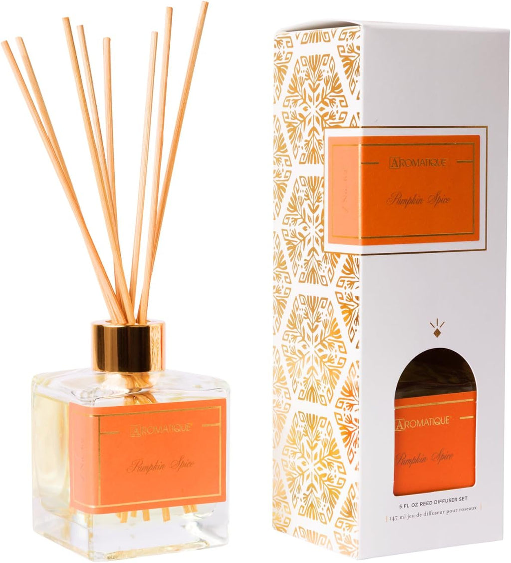 Aromatique Reed Diffuser Set - Pumpkin Spice Notes of Maple, Pumpkin, Cinnamon, Clove, Nutmeg, Cherry, Balsam Aromatherapy Scented Air Freshener Deodorizer Oil Fragrance Living Room Home Decor Gifts