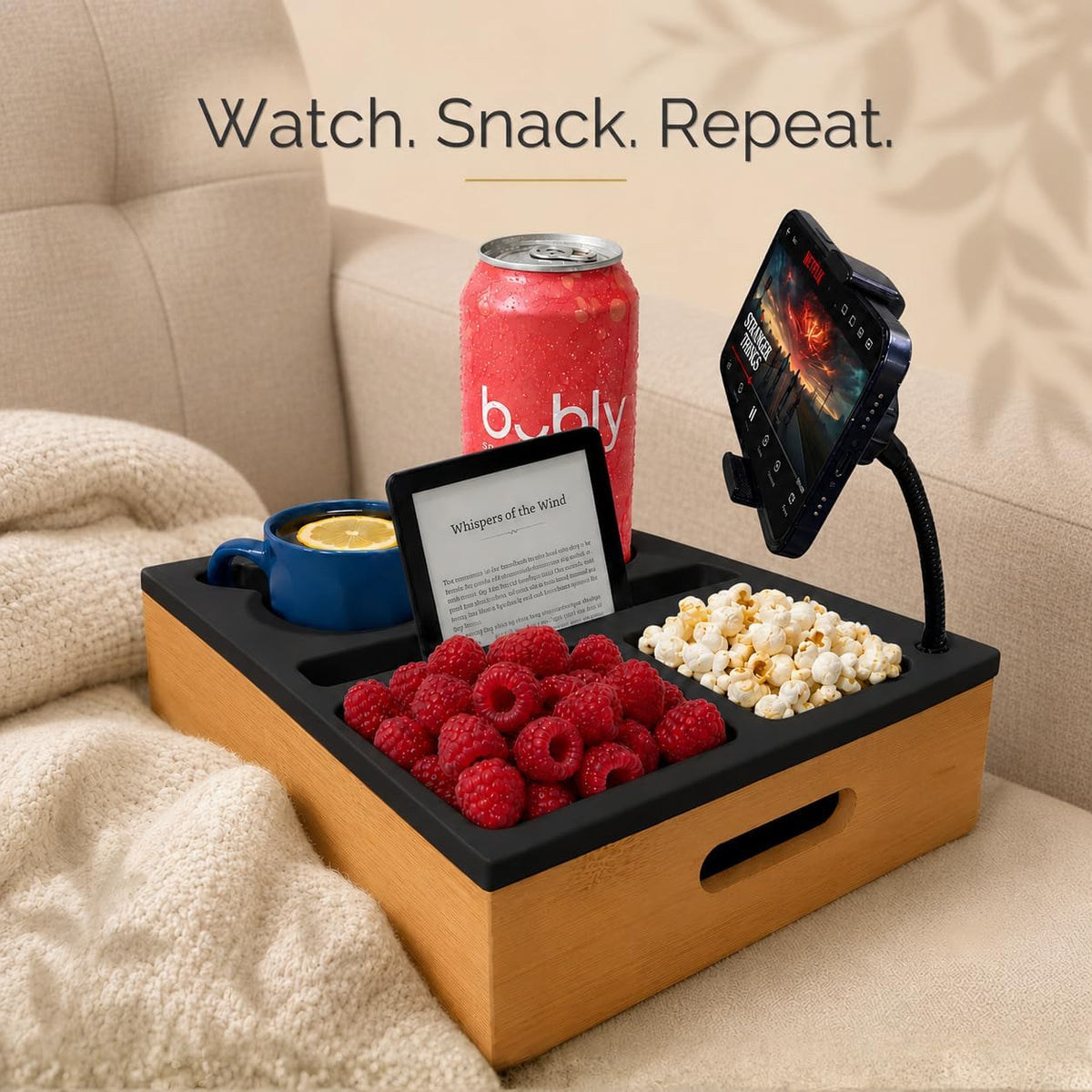 Couch Caddy with Cup Holder | Wood Couch Cup Holder Tray for Drinks, Snacks & Remotes | Sofa Couch Organizer with Phone & Cup Holder Tray (Black)