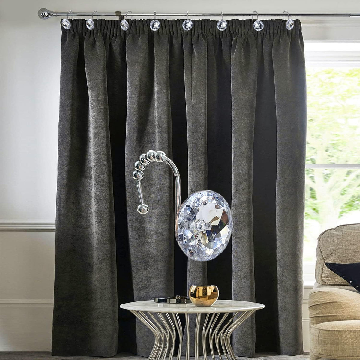 Romantic Angels 12PCS Shower Curtain Hooks Rings for Bathroom, Durable Metal Rust Resistant Decorative Rhinestones Shower Curtain Hooks for Shower Curtains and Shower Rod (Silver)