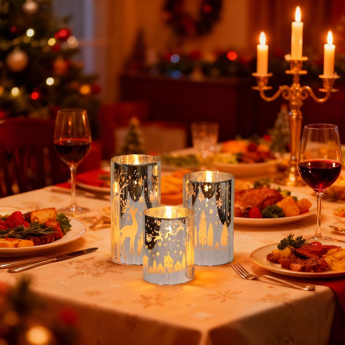 Silver Christmas Flameless Candles Battery Operated Remote Timer