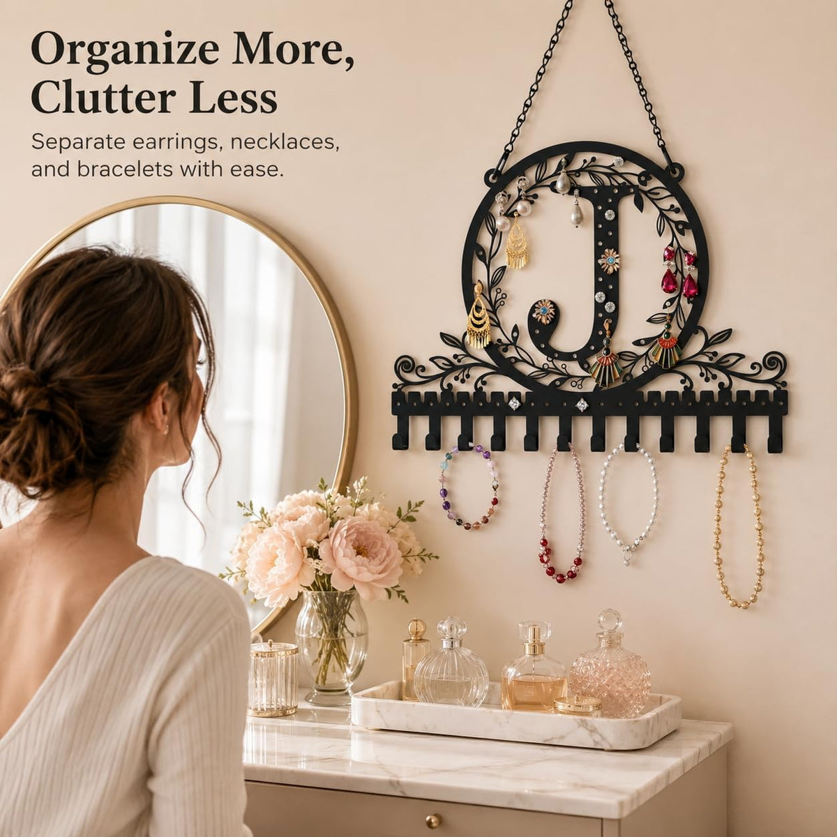 Personalized Wall Mounted Metal Initial Letter J Earring Holder Jewelry Organizer for Earrings and Necklaces Space Saving Wall Display with Hooks Jewelry Storage Bedroom Vanity Gift for Women