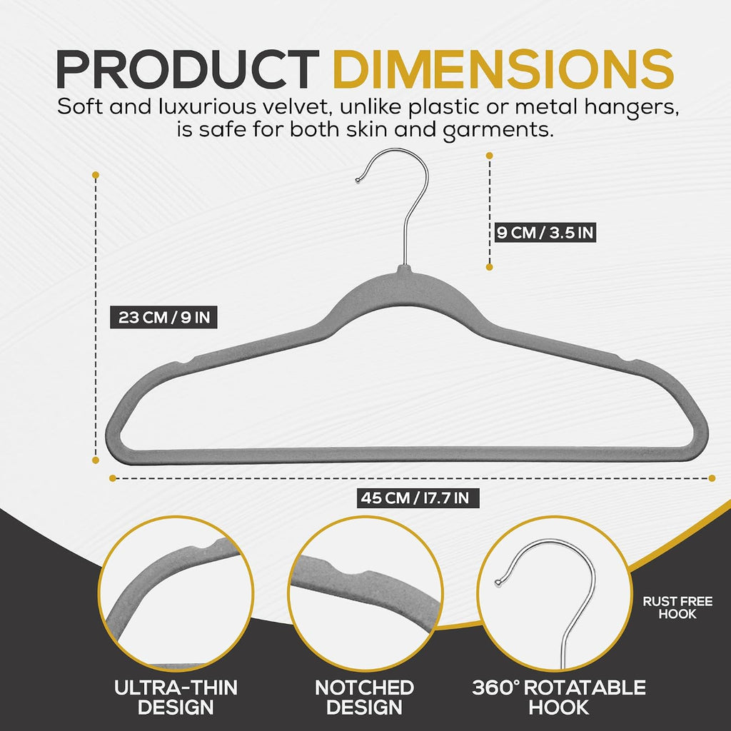 Techzoo Premium Velvet Hangers 50 Pack Ultra Thin Non Slip Adult Felt Space Saving Slim Suit Hanger for Closet Heavy Duty Coat Pants Jackets Dress Hangers 360° Swivel Hook Hold Upto 10 lbs Gray