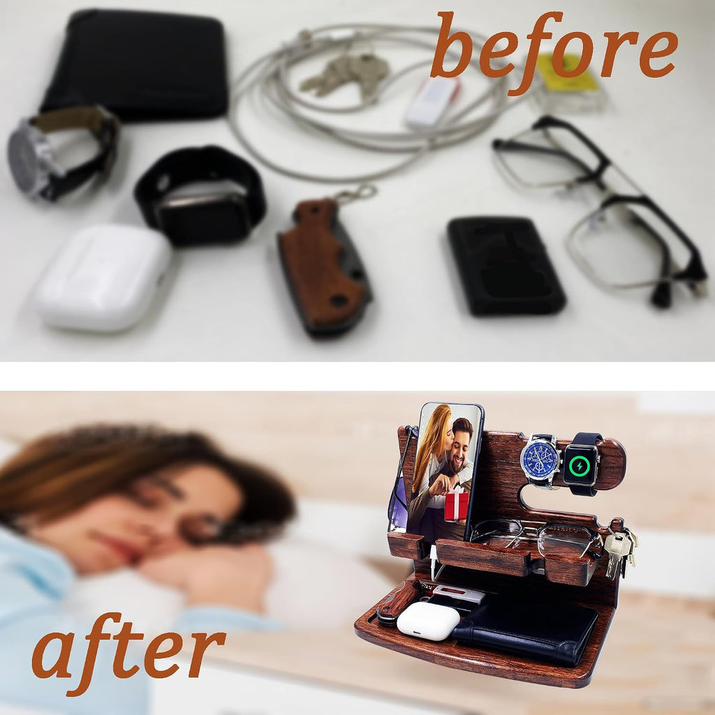 VEIYAILU Gifts for Men Women Dad Husband Son Boyfriend Him Desk or Nightstand Organizer Birthday Gifts Wood Phone Docking Station Anniversary Idea from Wife - Key Holder, Watch (Dark Brown)