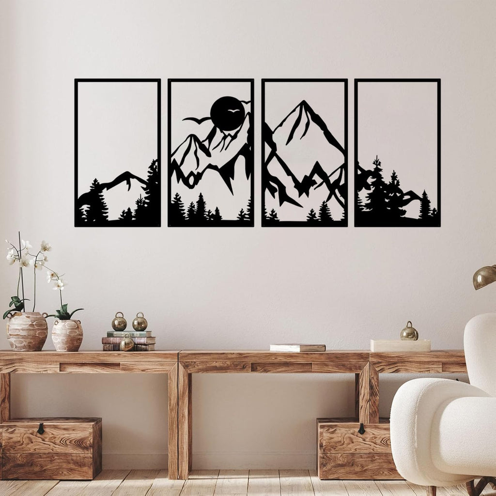 ESTART 4 Pcs Mountain Range Metal Wall Art Decor Summit Metal Wall Sign Rustic Forest Home Decor Sign Mountain Scene Wall Decor Art Hanging for Living Room Bedroom Bathroom Office, 45.3 x 17 Inch