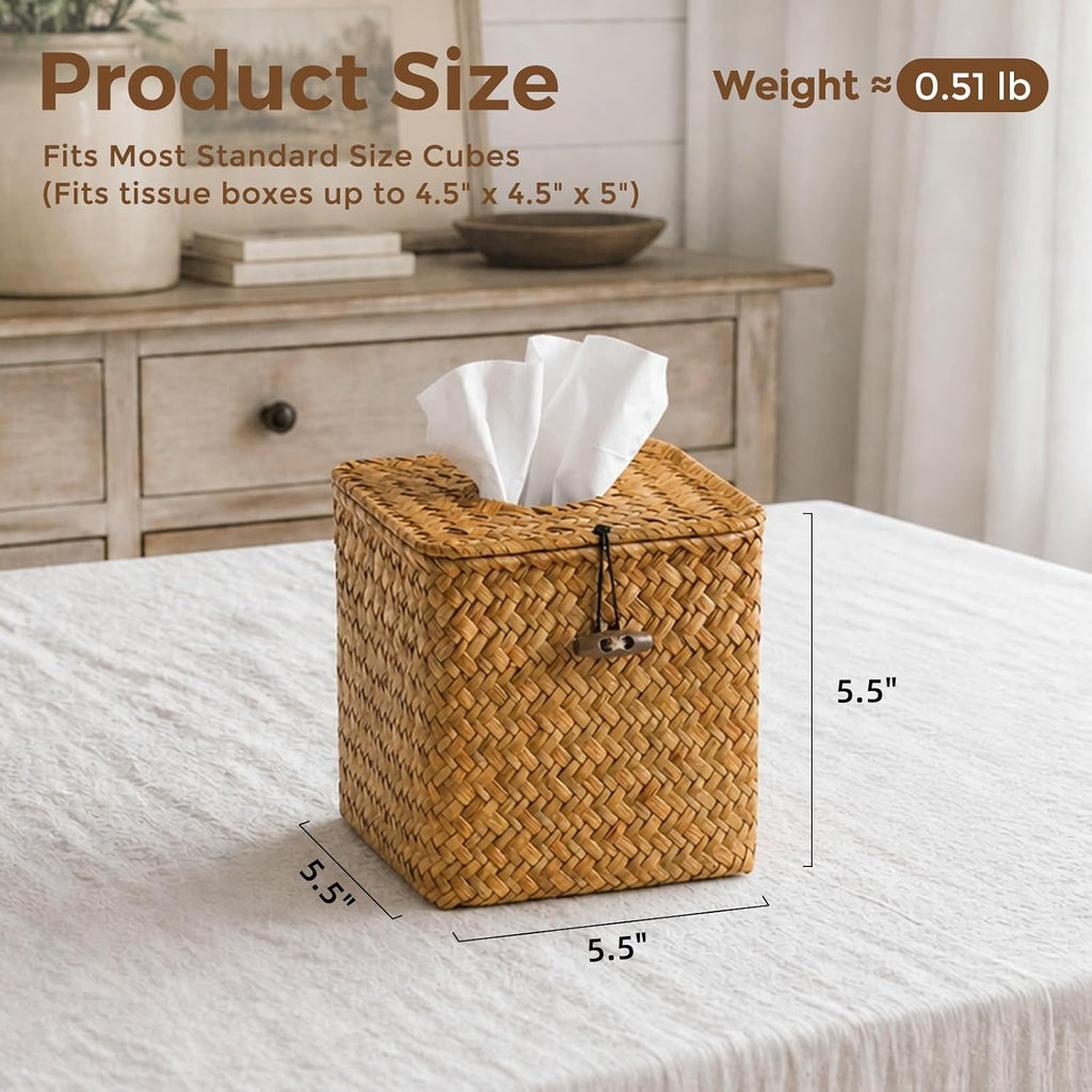 Seagrass Tissue Box Cover Square, Woven Wicker Tissue Box Holder, Orange