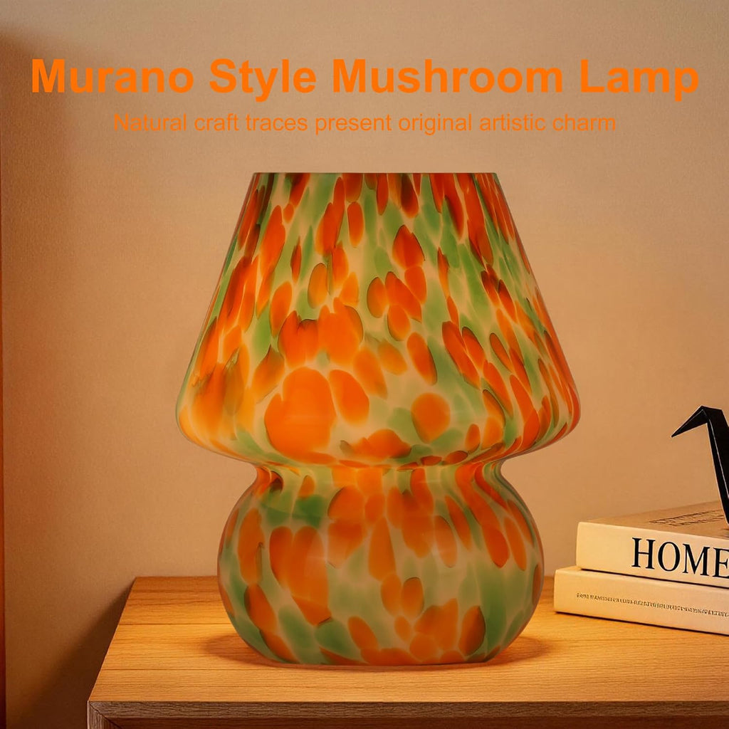 Mushroom Lamp Set of 2, Small Glass Table Lamp, Bedside Nightstand Lamp, Cute Desk Lamp for Bedroom, Dorm, Living Room & Kitchen, Classic Vintage Home Decor Lamp (2, Green&Orange)