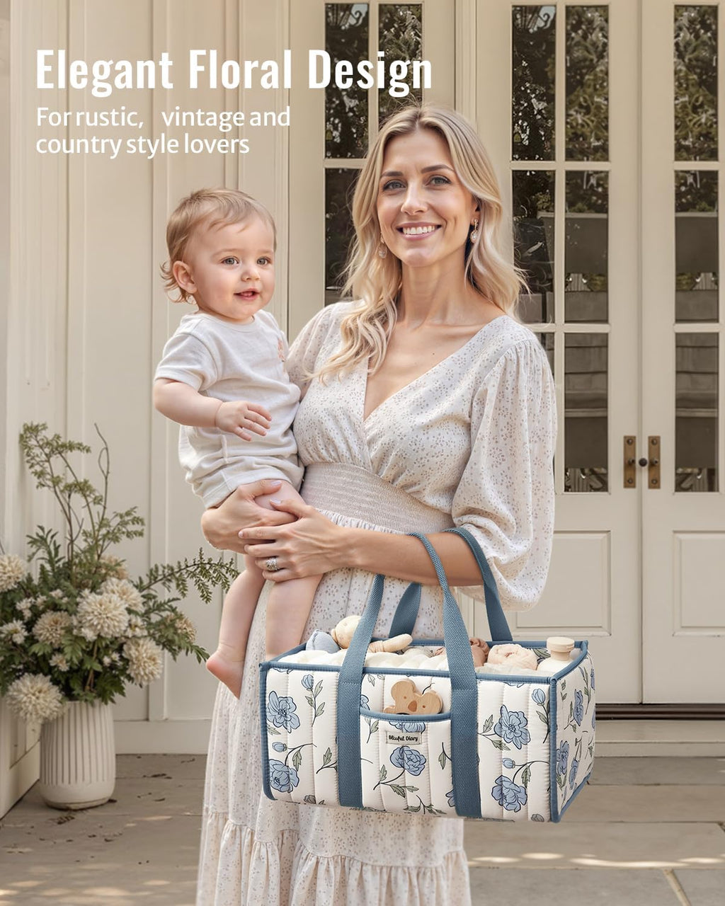 Blissful Diary Floral Diaper Caddy Organizer, Peony Blue