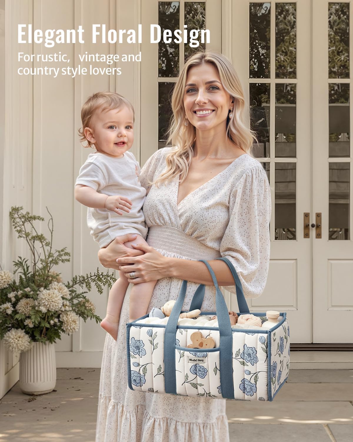 Blissful Diary Floral Diaper Caddy Organizer, Peony Blue