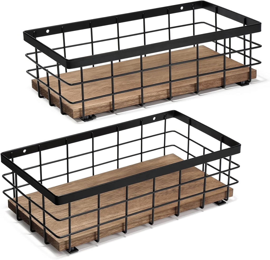 TJ.MOREE Small Metal Wire Basket, Decorative Wood Base Organizer for Bathroom, Kitchen, Basket for Toilet Paper Storage, Sugar Packet, Coffee Syrup, Guest Towel, Napkin(Black 2 Packs)