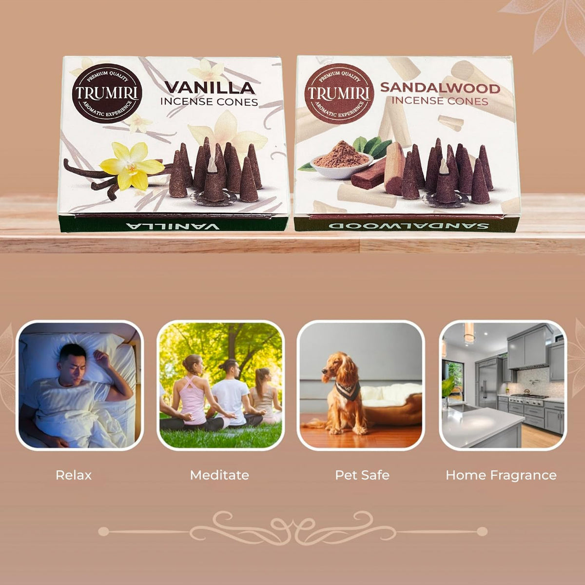 TRUMIRI Incense Cones - Combo Pack of 20 Cone Incense - 10 Vanilla + 10 Sandalwood - Insence Cones - Incense Cones Scented - Cone Incense Scents - Insense Cones - Incent Cone