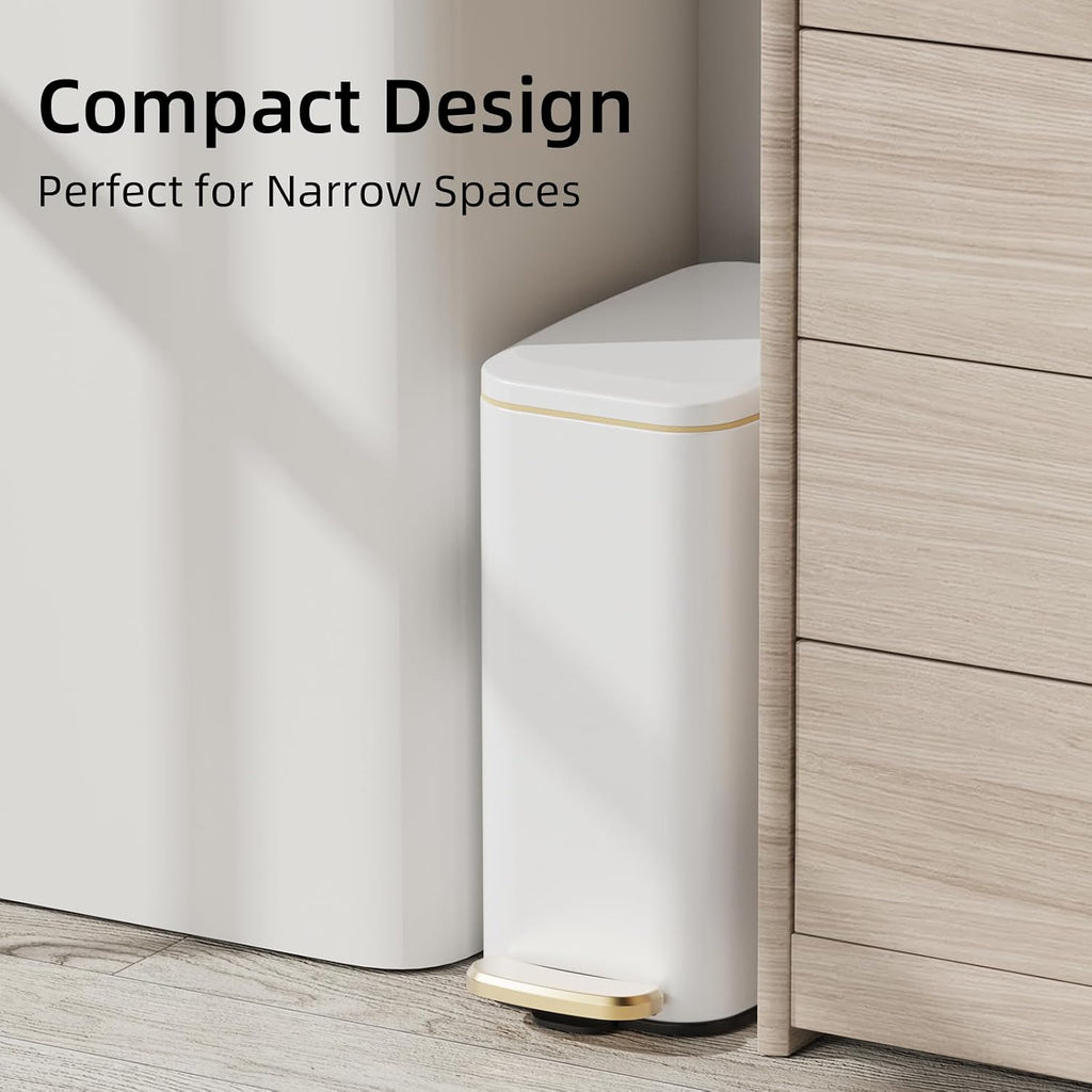 KUK Slim Bathroom Trash Can with Lid, 1.6 Gal / 6L Stainless Steel Small Garbage Bin with Detachable Inner Bucket, Step Pedal, Silent Close, Wastebasket for Toilet, Bedroom, Home, Office (White)