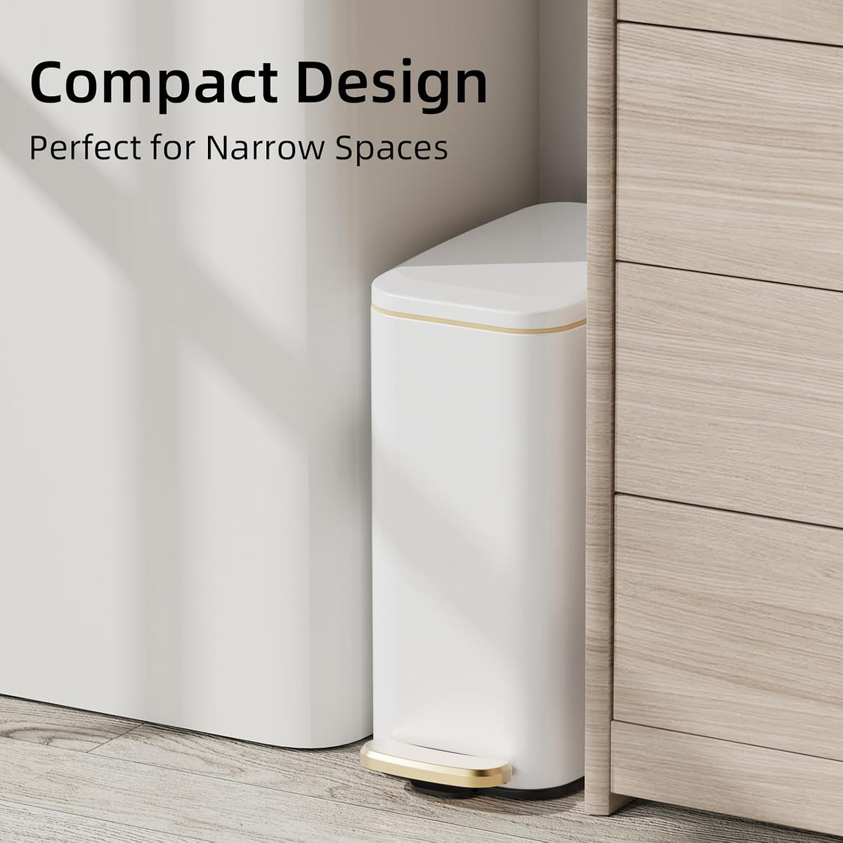 KUK Slim Bathroom Trash Can with Lid, 1.6 Gal / 6L Stainless Steel Small Garbage Bin with Detachable Inner Bucket, Step Pedal, Silent Close, Wastebasket for Toilet, Bedroom, Home, Office (White)