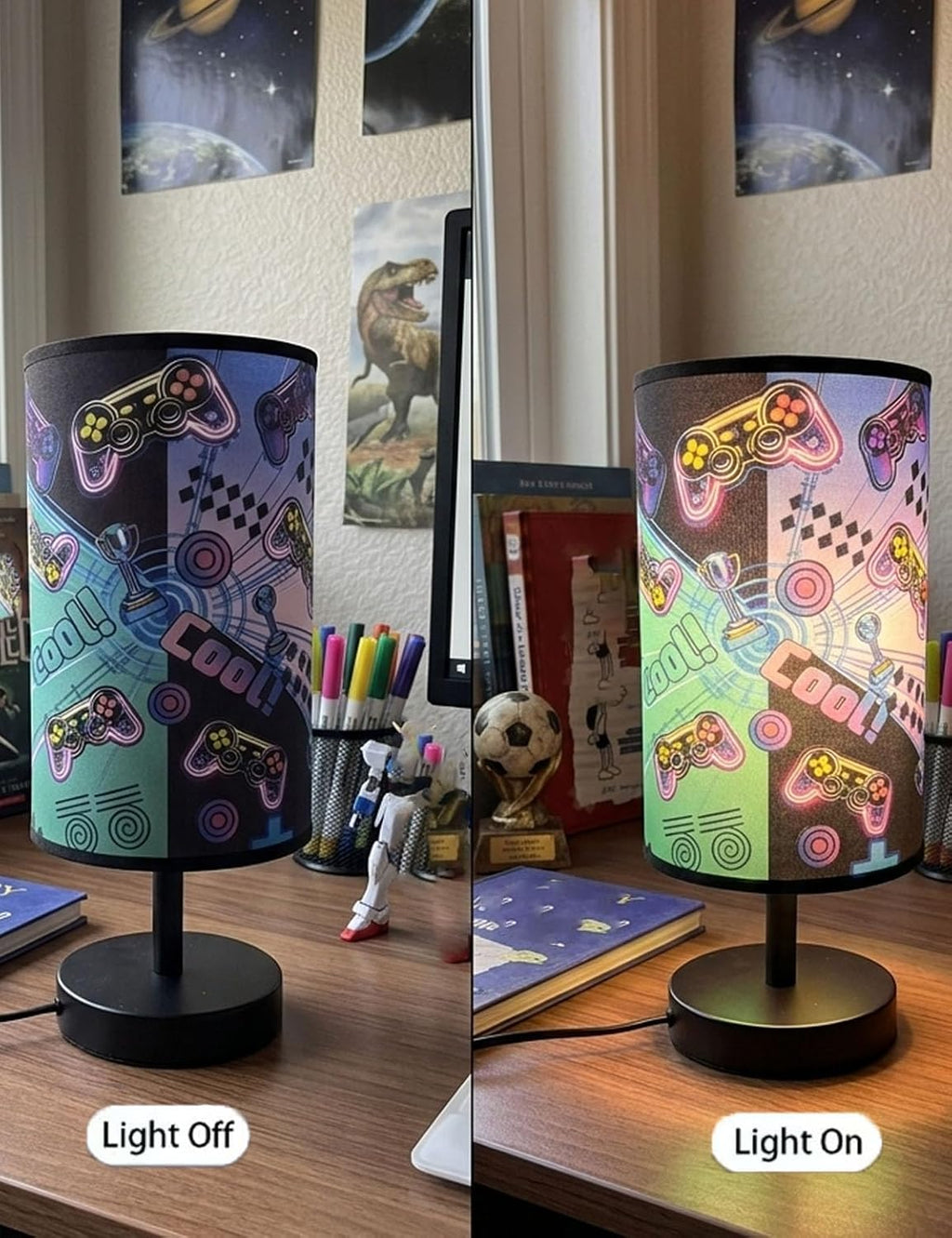 Gamer Room Decor for Boys, Gaming Lamp 3 Colors Nightstand Light, Round Base Flaxen Fabric Desk Lamp for Kids Room, Gaming Lamp Gift for Boys with LED Bulb Included