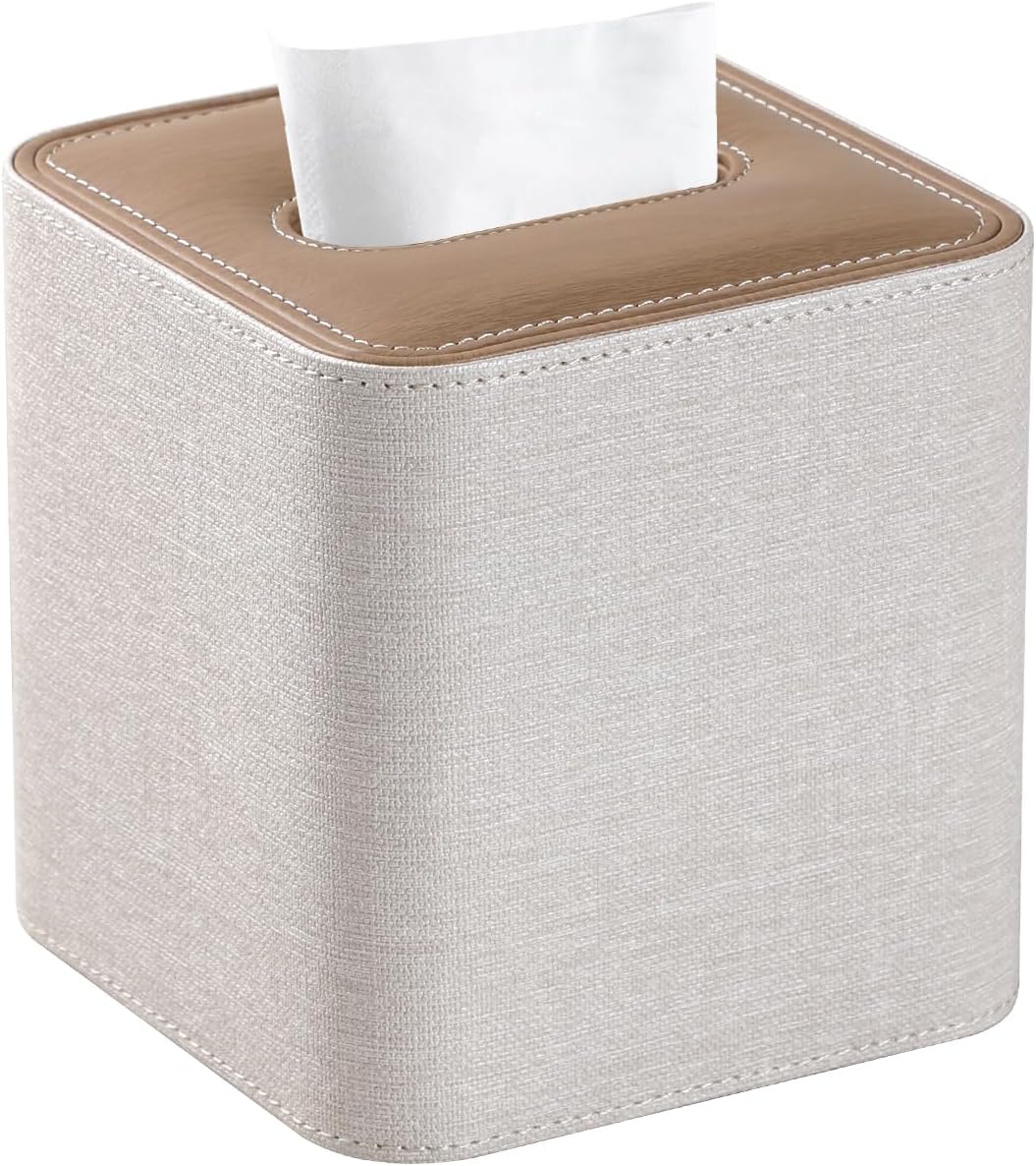 Square Tissue Box Cover PU Leather Tissue Box Holder Cube (Linen)