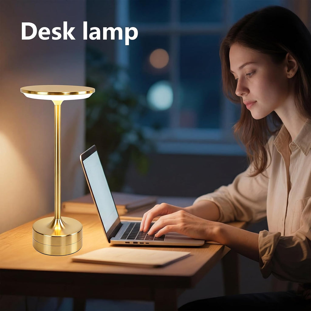 Small Table Lamp, Portable Metal Table Lamp, Cordless Rechargeable Table Lamp , 3 Color Stepless Dimmable Atmosphere Table Lamps for Patio, Camping, Coffee table decor lamp for Indoor/Outdoor（Gold)