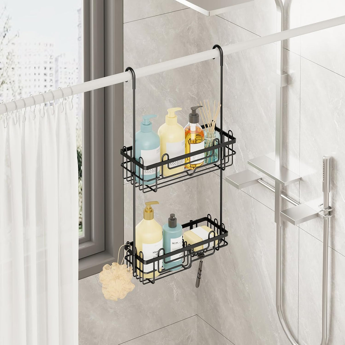 Consumest Over the Door Shower Caddy - 2-Tier Hanging Shower Organizer with Soap Holder, Rustproof Bathroom Storage and Organizer Rack for Shampoo, Towels, and Toiletries, Black